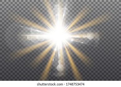 Vector sunlight special lens flare light effect. Sun flash shining with rays and spotlight. Flares and gleams rounded and hexagonal shapes. Isolated on transparent background