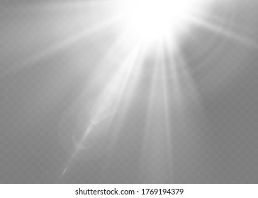 Vector sunlight special lens flare light effect. Sun flash shining with rays and spotlight. Flares and gleams rounded and hexagonal shapes. Isolated on transparent background