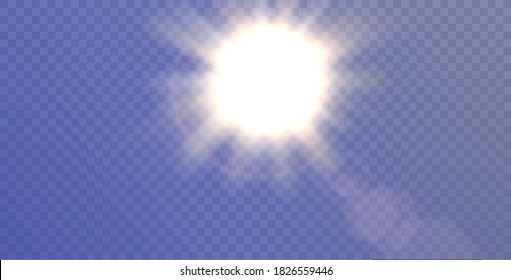 Efecto de luz especial de lente de luz solar vectorial. El sol brilla con rayos y foco. Brochas y brillo de formas redondeadas y hexagonales.
