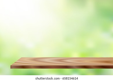 vector sunlight wood shelf and nature glitter, soft green color nature, illustration nature color filter abstract for background.