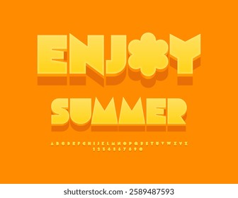 Vector Sunny banner Enjoy Summer with decorative Flower. Yellow Abstract 3D Font. Unique Big Alphabet Letters and Numbers set