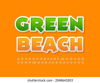 Banner con el sol del vector Green Beach. Juego de letras y números de alfabeto creativo. Tipo de letra pegatina