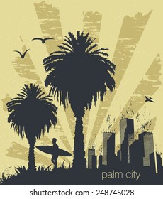 vector Sunny beach with palm surfer in Hawaii