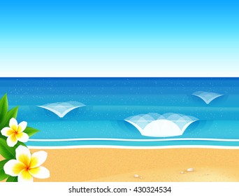 Vector sunny beach with waves and frangipani flowers