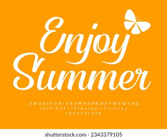 Vector sunny Card Enjoy Summer. Calligraphy Yellow Font with decorative Butterfly. Beautiful  Alphabet Letters, Numbers and Symbols set