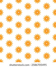 Vector sunny and cheerful seamless pattern featuring stylized orange starburst or flower shapes on a clean white background. illustration.