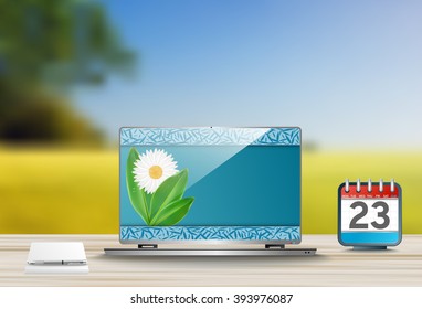 Vector sunny day and a laptop with a view of nature as concept