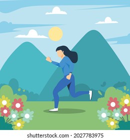 Vector sunny day outside, woman character  jogging around with the nature