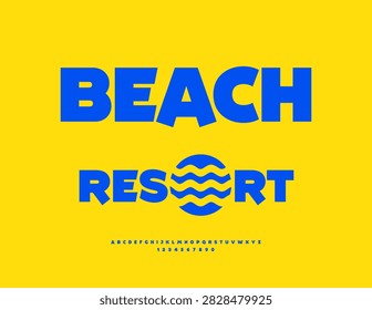Vector Sunny emblem Beach Resort with Blue Waves. Typography modern Blue Font. Creative set of Bright Alphabet Letters and Numbers.