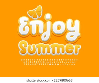 Vector sunny Emblem Enjoy Summer. Funny Yellow and White 3D Font. Playful style Alphabet Letters, Numbers and Symbols set