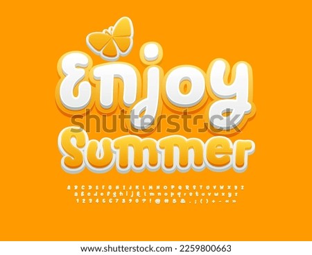 Vector sunny Emblem Enjoy Summer. Funny Yellow and White 3D Font. Playful style Alphabet Letters, Numbers and Symbols set