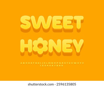 Vector Sunny emblem Sweet Honey with Decorative Flower. Round Yellow Font. Cute 3D Alphabet Letters and Numbers set