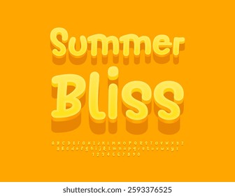 Vector Sunny flyer Summer Bliss. Joyful Yellow 3D Font. Funny Alphabet Letters and Numbers set.