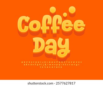 Vector Sunny icon Coffee Day. Joyful Yellow Font. Funny 3D Alphabet Letters and Numbers set.