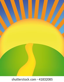 vector sunny landscape with blue sky and green meadow