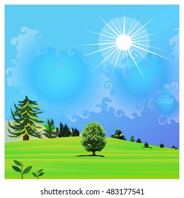 Vector sunny landscape with sun, clouds, blue sky, green trees, green leaves, green grass field. Vector illustration seasonal background