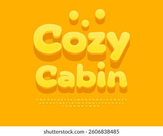 Vector Sunny logo Cozy Cabin. Summer Yellow Font. Cute Round Alphabet Letters and Numbers set