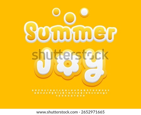 Vector Sunny logo Summer Joy. Festive Funky Font. Cute Children Alphabet Letters and Numbers set. 