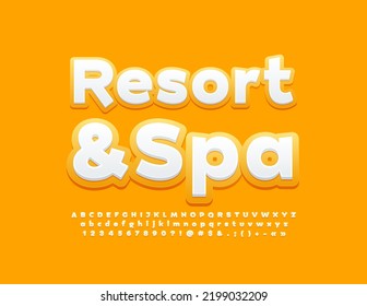 Vector sunny poster Resort and Spa. Yellow Alphabet Letters and Numbers set. Modern bright Font.
