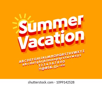 Vacaciones veraniegas de póster de Vector Sunny. Fuente isométrica con sombra roja. Letras, números y símbolos de alfabeto 3D.