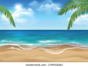 Vector sunny sandy beach with idyllic sea scenery, blue sky with sun and clouds and green palm leaves