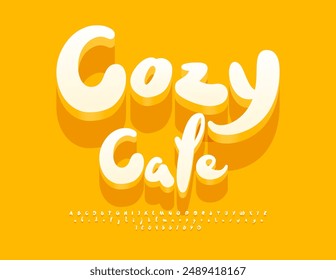 Vektorgrafik Sunny Signboard Gemütliches Café. Spielerische 3D-Schrift. Satz von verspielten Buchstaben und Zahlen.