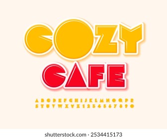 Vector sunny signboard Cozy Cafe.  Artistic Font. Cute Yellow Alphabet Letters and Numbers.