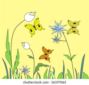 Vector sunny summer meadow with butterflies