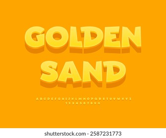 Vector Sunny template Golden Sand. Comic style 3D Font. Summer Yellow Alphabet Letters and Numbers set.