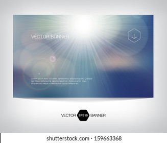 Vector sunny web banner, business card or flyer design.  Soft blurry background with photographic bokeh effect, lens flare and bright sun. Smooth unfocused film effect. Clear blue sky.