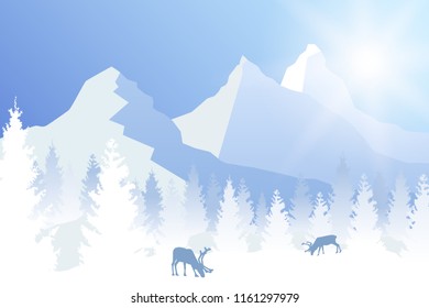 Vector sunny winter forested landscape in blue color with grazing deer and mountains.