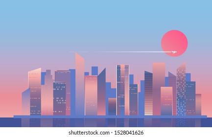 Vector sunrise city landscape illustration with airplane in light colors. Silhouette of town with reflection.