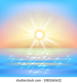 Vector. Sunrise landscape, light colors illustration with shiny, shiny waves of sea or ocean, morning sky and sea, freshness.
