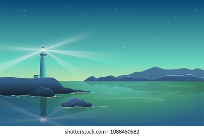 Vector sunrise landscape with lighthouse by the sea and shining moon