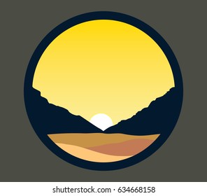 Vector sunrise over mountains landscape
circle frame, nature flat illustration