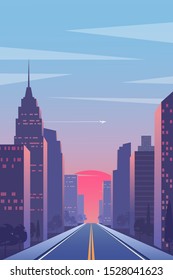 Vector sunrise street in the city. Illustration with airplane in light colors in perspective. Silhouette of town.