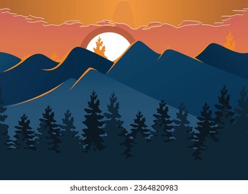 vector sunrise or sunset over mountains with tree silhouettes