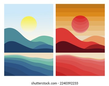 Vektorgrafik von zwei verschiedenen Jahreszeiten. Wald, Hügelsonne, Sand, Meerwasser. geeignet für Wanddekoration, Banner, Werbung, Plakate, Hintergründe der Website.