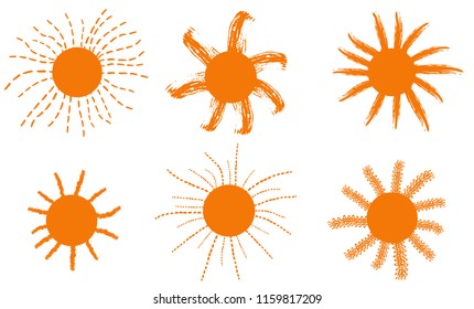  Vector suns, dry paint brush strokes. Hand drawn. Cartoon style