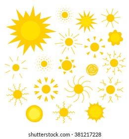 Vector suns icons of different forms in the flat style isolated on white background. Collection of suns illustrations for web, design. Doodle and geometric sunny weather sign, pictogram. 