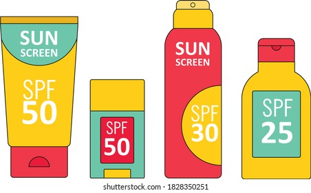 Vector sunscreen bottles. Isolated on white background. Sun protection cosmetic bottles. Spf, uv protection.