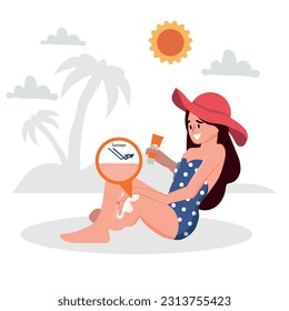 vector sunscreen concept illustration, happy woman enjoying summer.
