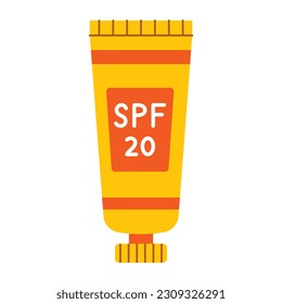 Vector sunscreen cream tube in flat design. Lotion with SPF 20. Skin protection from sun. Tube of sunblock cream. Summer daily cosmetic in red and yellow colors. Sunscreen skin care product.