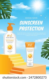 The vector of Sunscreen Protection: Summer Sun Lotion and Cream Bottles on Yellow Steps ads poster