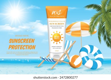 The vector of Sunscreen Protection: Summer Sun Lotion and Cream Bottles on Yellow Steps ads poster