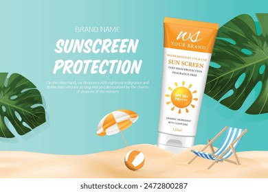 The vector of Sunscreen Protection: Summer Sun Lotion and Cream Bottles on Yellow Steps ads poster