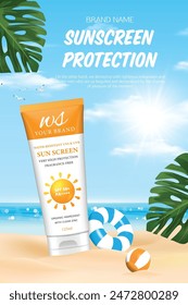 The vector of Sunscreen Protection: Summer Sun Lotion and Cream Bottles on Yellow Steps ads poster