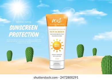 The vector of Sunscreen Protection: Summer Sun Lotion and Cream Bottles on Yellow Steps ads poster