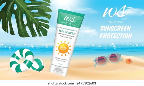 The vector of Sunscreen Protection: Summer Sun Lotion and Cream Bottles  ads poster