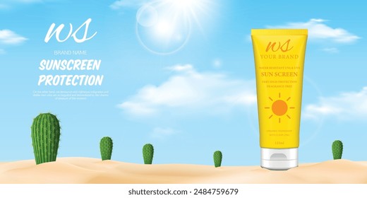 The vector of Sunscreen Protection: Summer Sun Lotion and Cream Bottles  ads poster